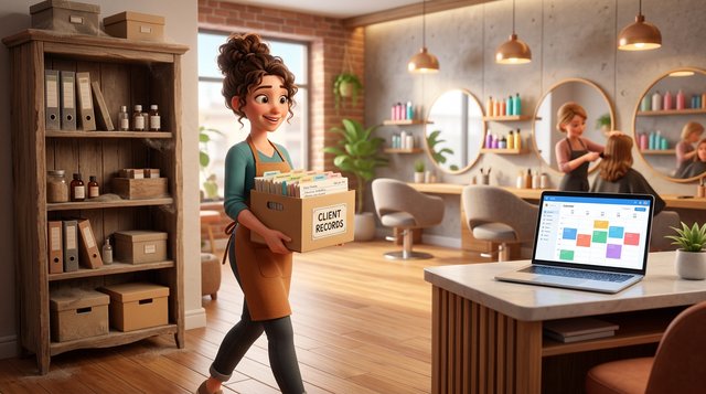 A salon owner carries a box of tidy client record cards from an old shelf towards a laptop showing a clean calendar on the reception desk, styling chairs and mirrors behind her
