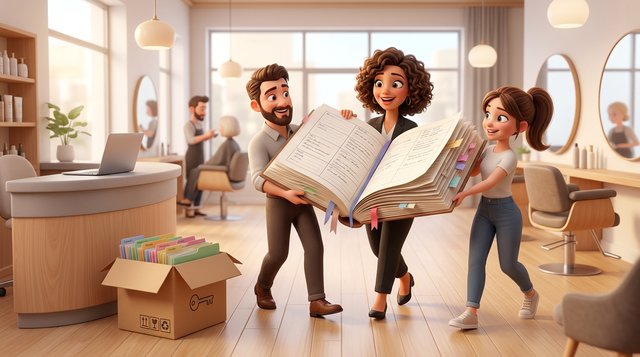 A hair salon team carries a large appointment book across a bright salon towards a laptop waiting on the reception desk, styling chairs and mirrors behind them