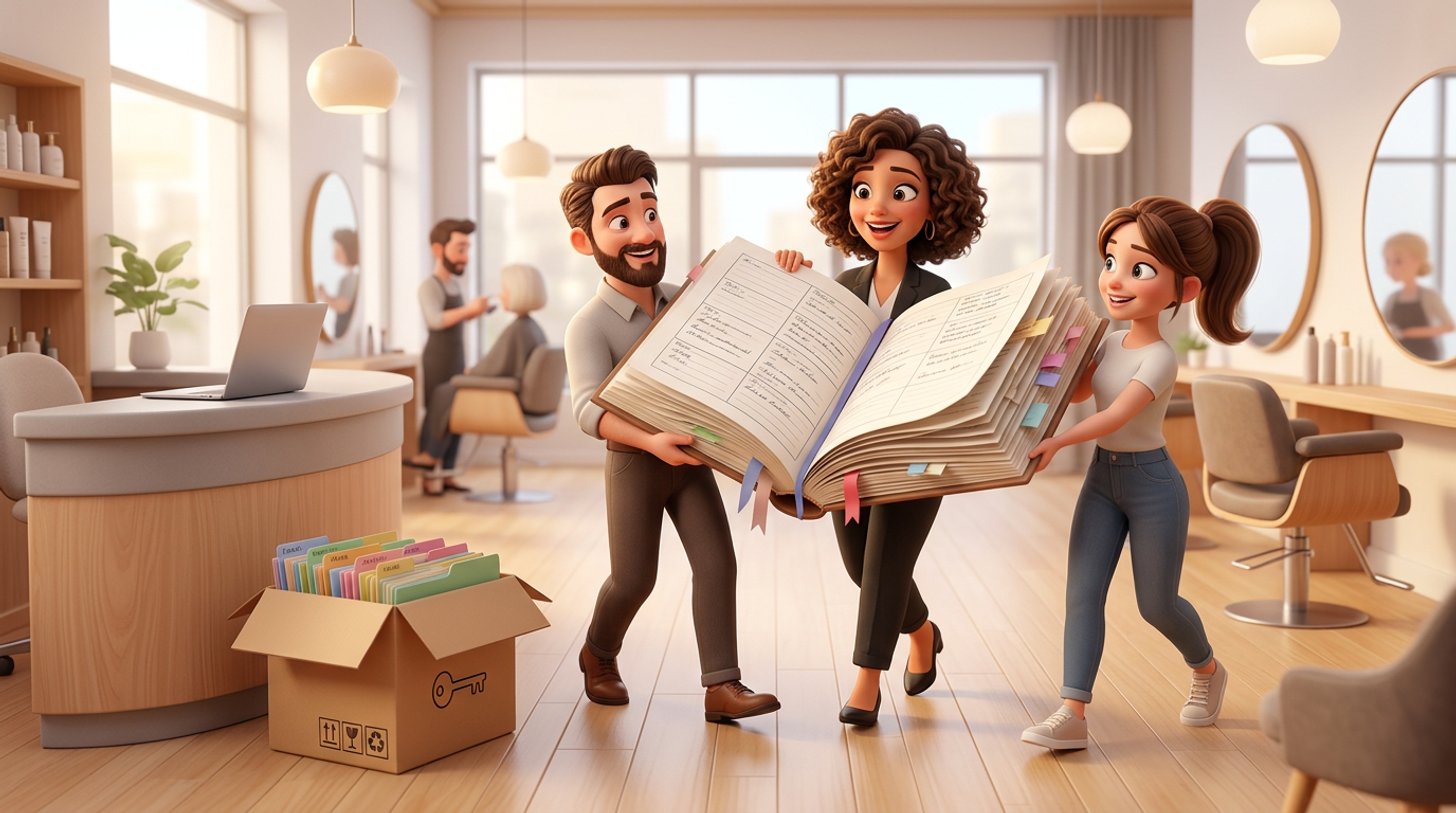 A hair salon team carries a large appointment book across a bright salon towards a laptop waiting on the reception desk, styling chairs and mirrors behind them