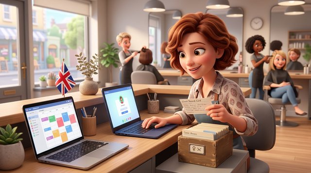 A salon owner at the reception desk copies client record cards from an old card box into a laptop, a second laptop showing a calendar beside it and a small Union Jack flag on the counter