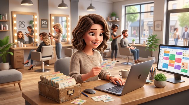 A salon owner at her reception desk copies client record cards from an old card box into a laptop, a second screen beside it showing an appointment calendar