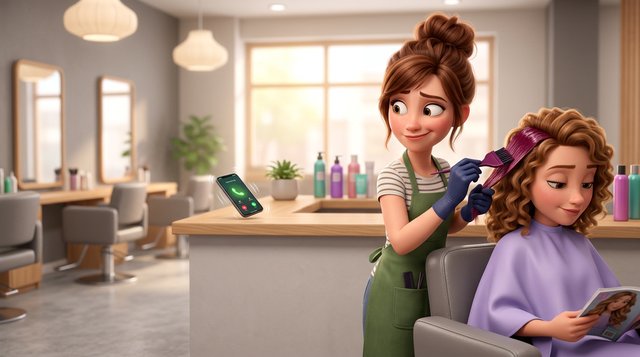 Une coiffeuse aux mains gantées applique une couleur sur les cheveux d'une cliente tout en regardant, embarrassée, un téléphone qui sonne sur le comptoir du salon