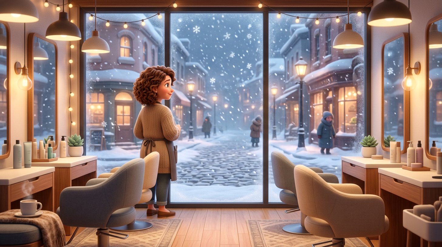 Une coiffeuse regarde la tempête de neige par la vitrine de son salon chaleureux, fauteuils vides et rue enneigée sous la poudrerie