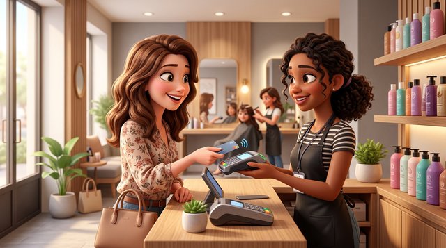 Illustration d'une cliente qui paie sans contact en approchant sa carte d'un petit terminal de paiement tenu par la coiffeuse au comptoir d'un salon de coiffure lumineux