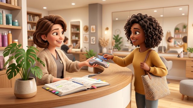 Illustration d'une coiffeuse tendant un terminal de paiement à une cliente qui approche sa carte bancaire au comptoir d'un salon de coiffure lumineux