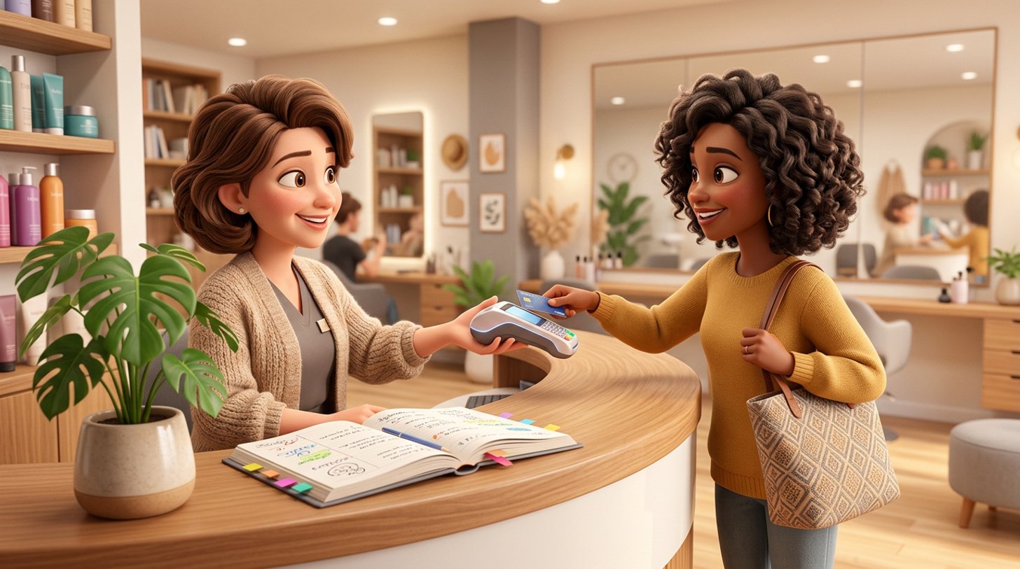 Illustration d'une coiffeuse tendant un terminal de paiement à une cliente qui approche sa carte bancaire au comptoir d'un salon de coiffure lumineux