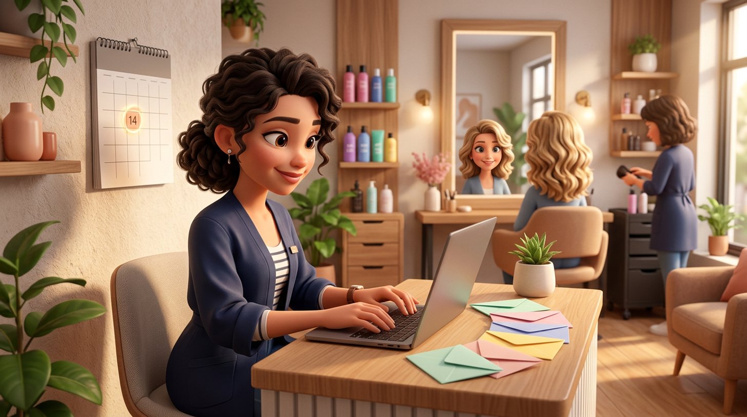 Friseurin schreibt am Empfangstresen ihres hellen Salons eine E-Mail am Laptop, daneben liegen farbige Briefumschläge wie ein Satz Vorlagen aufgefächert