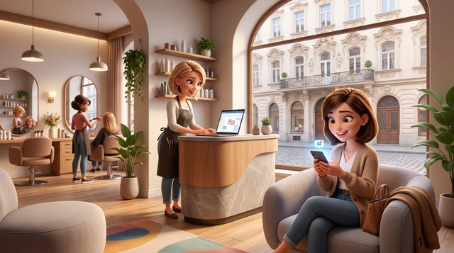 Friseurin am Empfang eines hellen Salons in Österreich plant Terminerinnerungen am Laptop, während eine Kundin eine Benachrichtigung am Smartphone liest