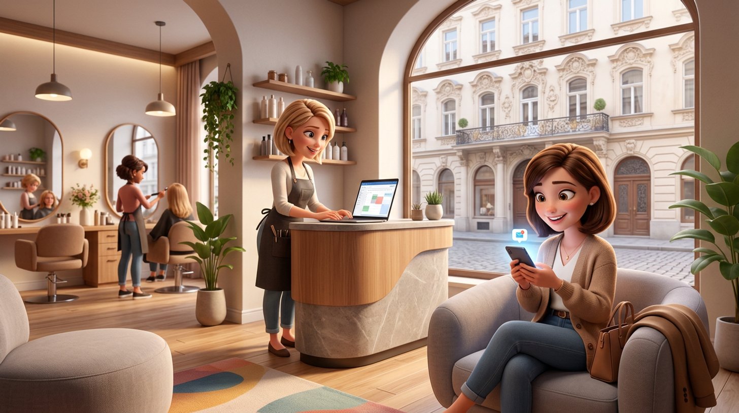 Friseurin am Empfang eines hellen Salons in Österreich plant Terminerinnerungen am Laptop, während eine Kundin eine Benachrichtigung am Smartphone liest