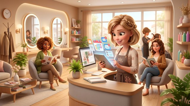 Illustration einer Friseurin am Empfang ihres Salons, die auf einem Tablet automatische Terminerinnerungen an Kundinnen prüft