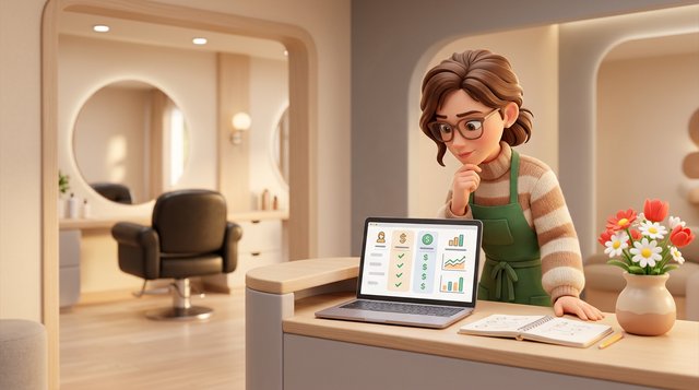 Friseurin vergleicht an der Rezeption ihres Salons Terminsoftware-Angebote auf einem Laptop, im Hintergrund ein Spiegelplatz mit rot-weißen Blumen