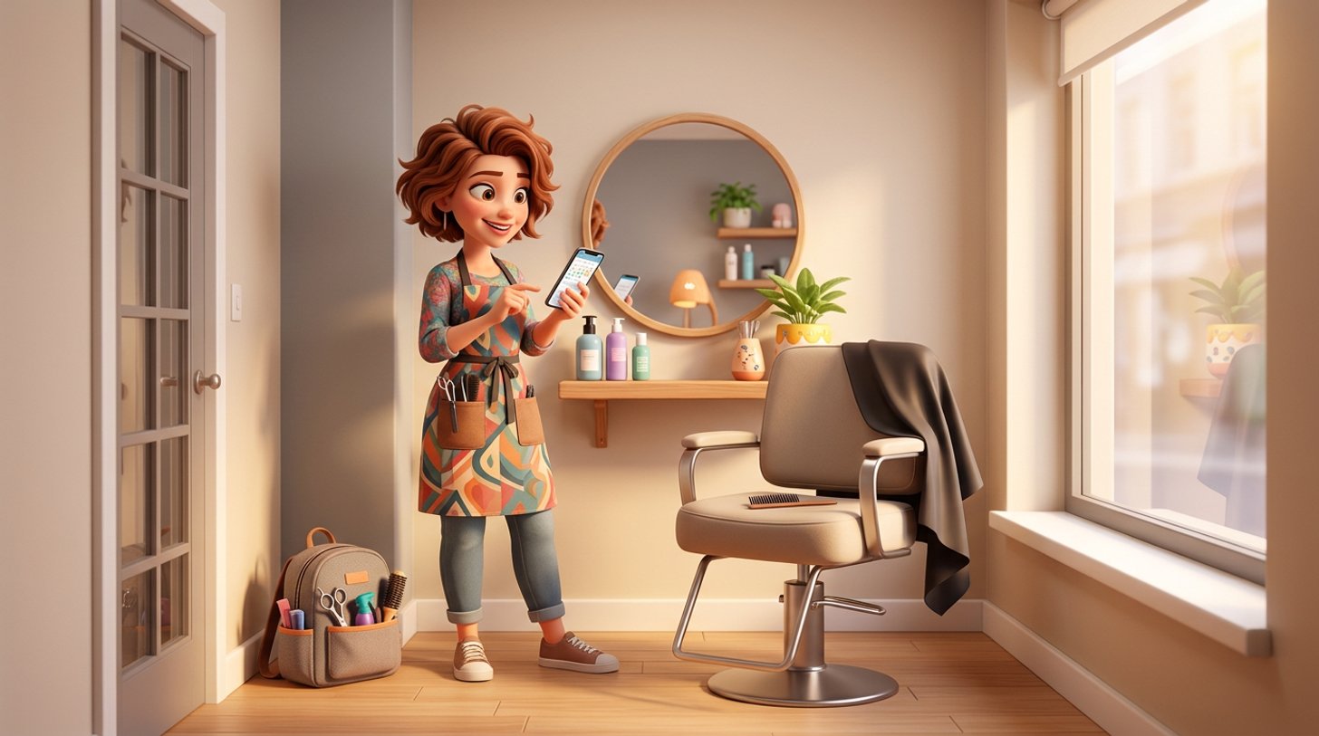 Illustration einer selbstständigen Friseurin in ihrem kleinen Ein-Stuhl-Salon, die zwischen zwei Kundinnen ihren Terminkalender auf dem Smartphone prüft, neben der Tür ein Rucksack mit Friseurwerkzeug für Hausbesuche