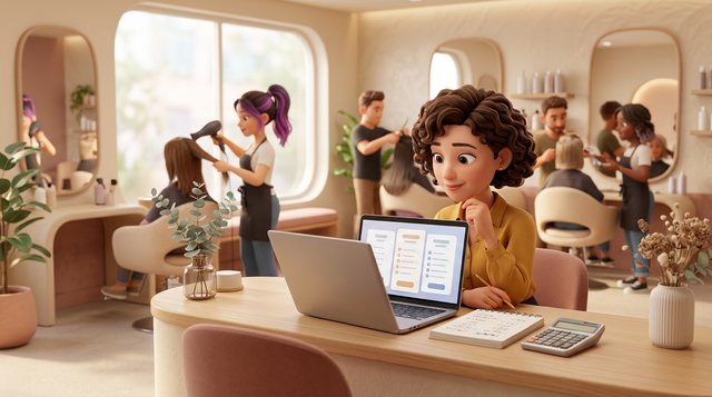 Illustration of a hair salon owner comparing software options on a laptop at her reception desk, three stylists working at chairs behind her in a bright Australian salon