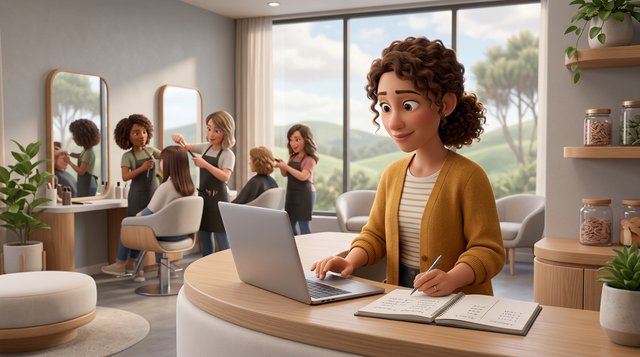 Illustration of a New Zealand hair salon owner at her reception desk weighing up booking software costs on a laptop, stylists working behind her