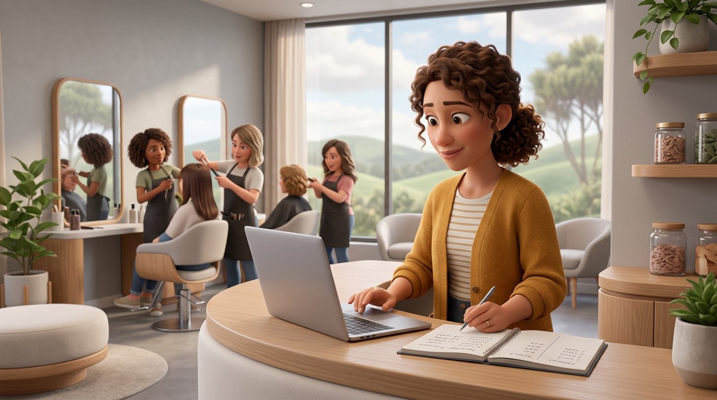 Illustration of a New Zealand hair salon owner at her reception desk weighing up booking software costs on a laptop, stylists working behind her