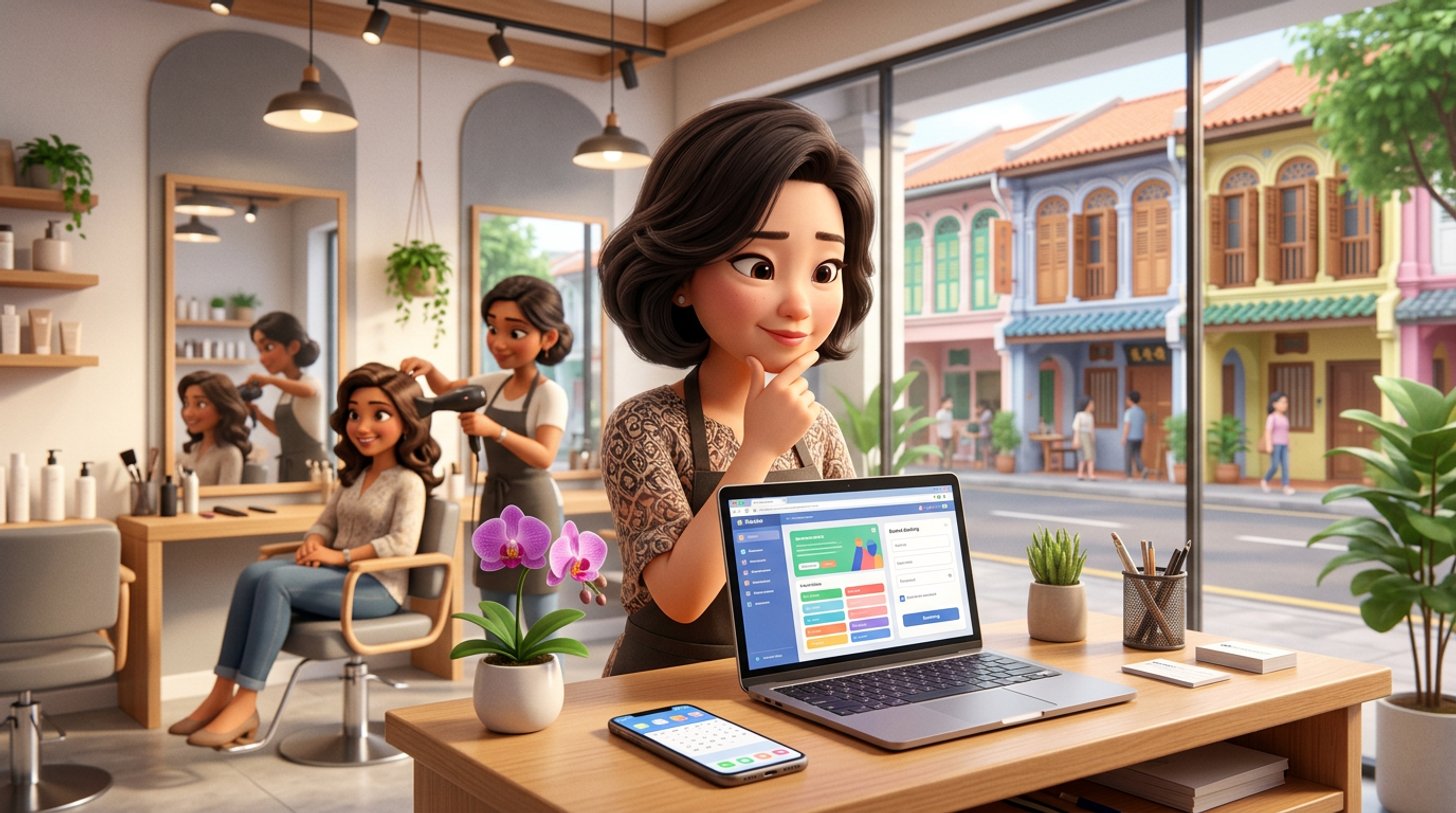 Illustration of a Singapore hair salon owner at her reception desk comparing booking software options on a laptop, shophouse shutters visible through the window