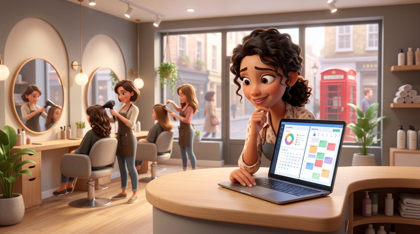 Illustration of a hair salon owner at her reception desk weighing two booking software options on a laptop, a red telephone box visible through the window of her British salon