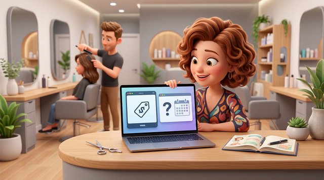 An Australian hair salon owner at her reception desk compares two software options on a laptop, one showing a clear price and the other a question mark, while a stylist works behind her