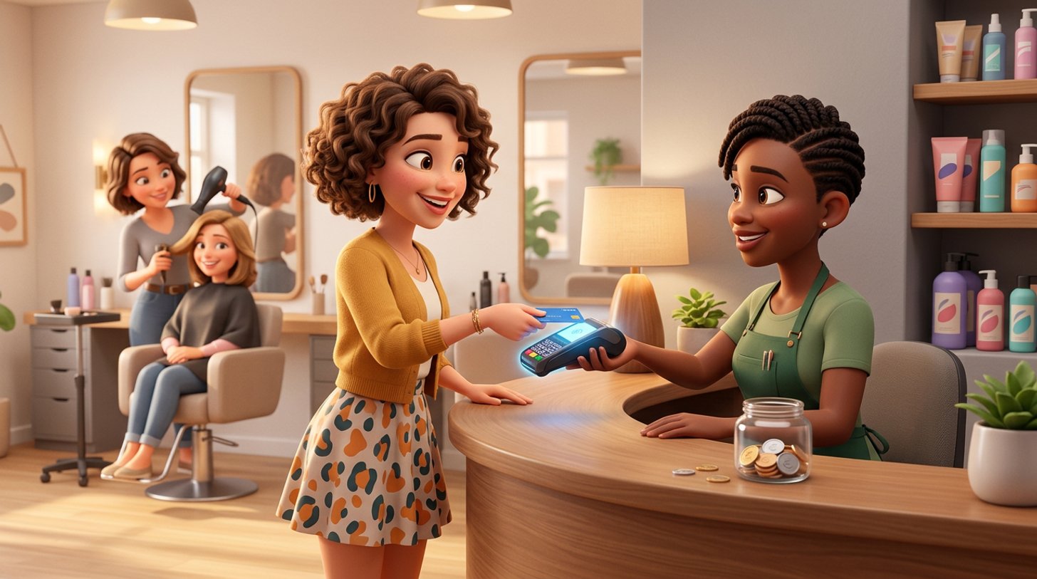 Illustration of a hair salon client tapping her bank card on a payment terminal at the reception desk while a stylist smiles behind the counter, a small jar of coins beside the till