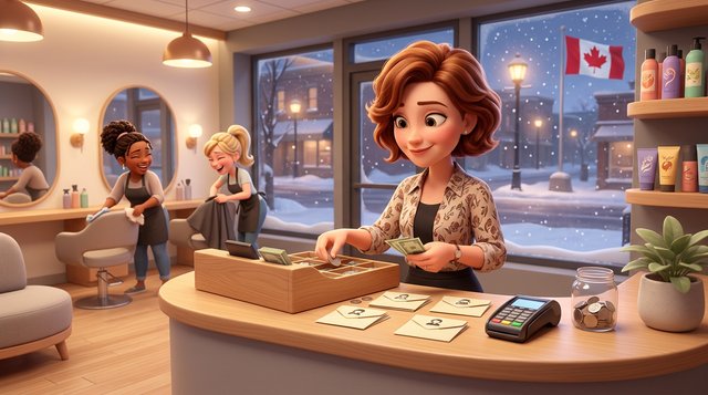A hair salon owner sorts the day's tips into small envelopes at the reception counter at closing time, a payment terminal and a jar of coins beside the till, two stylists tidying their chairs behind her