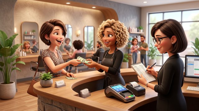 A client at a bright American hair salon reception desk hands a tip to a smiling stylist while the salon owner works at a laptop behind the counter