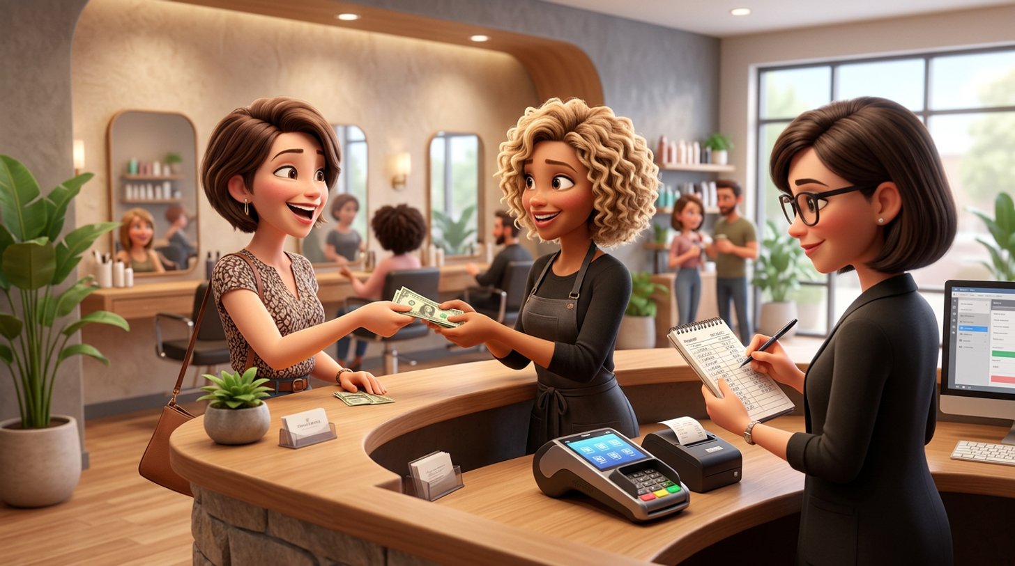 A client at a bright American hair salon reception desk hands a tip to a smiling stylist while the salon owner works at a laptop behind the counter
