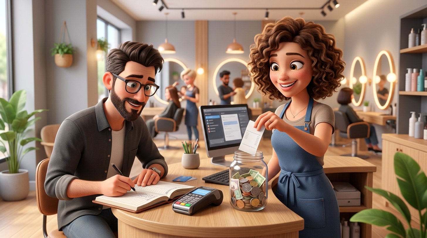 Illustration of a smiling hairdresser adding a card receipt to a shared tips jar at a salon reception desk while a colleague notes the amount in a ledger