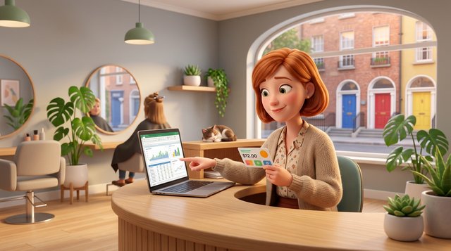 Illustration of an Irish hair salon owner at her reception desk comparing a marketplace commission statement with a flat subscription card, Georgian Dublin doors visible through the window