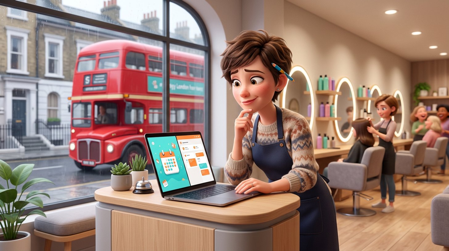Illustration of a British hair salon owner at her reception desk comparing booking platforms on a laptop, a red double-decker bus visible through the salon window