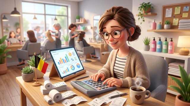 Illustration d'une gérante de salon de coiffure calculant sa TVA sur une calculatrice à côté d'une tablette, tickets de caisse posés sur la table de l'arrière-boutique