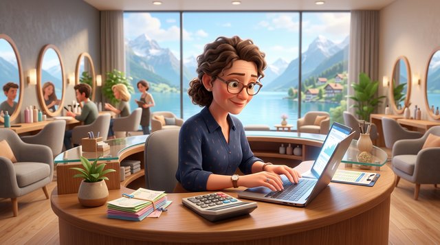 Illustration d'une gérante de salon de coiffure vérifiant sa comptabilité sur un ordinateur portable au comptoir, calculatrice et reçus posés à côté, vue sur un lac suisse par la fenêtre