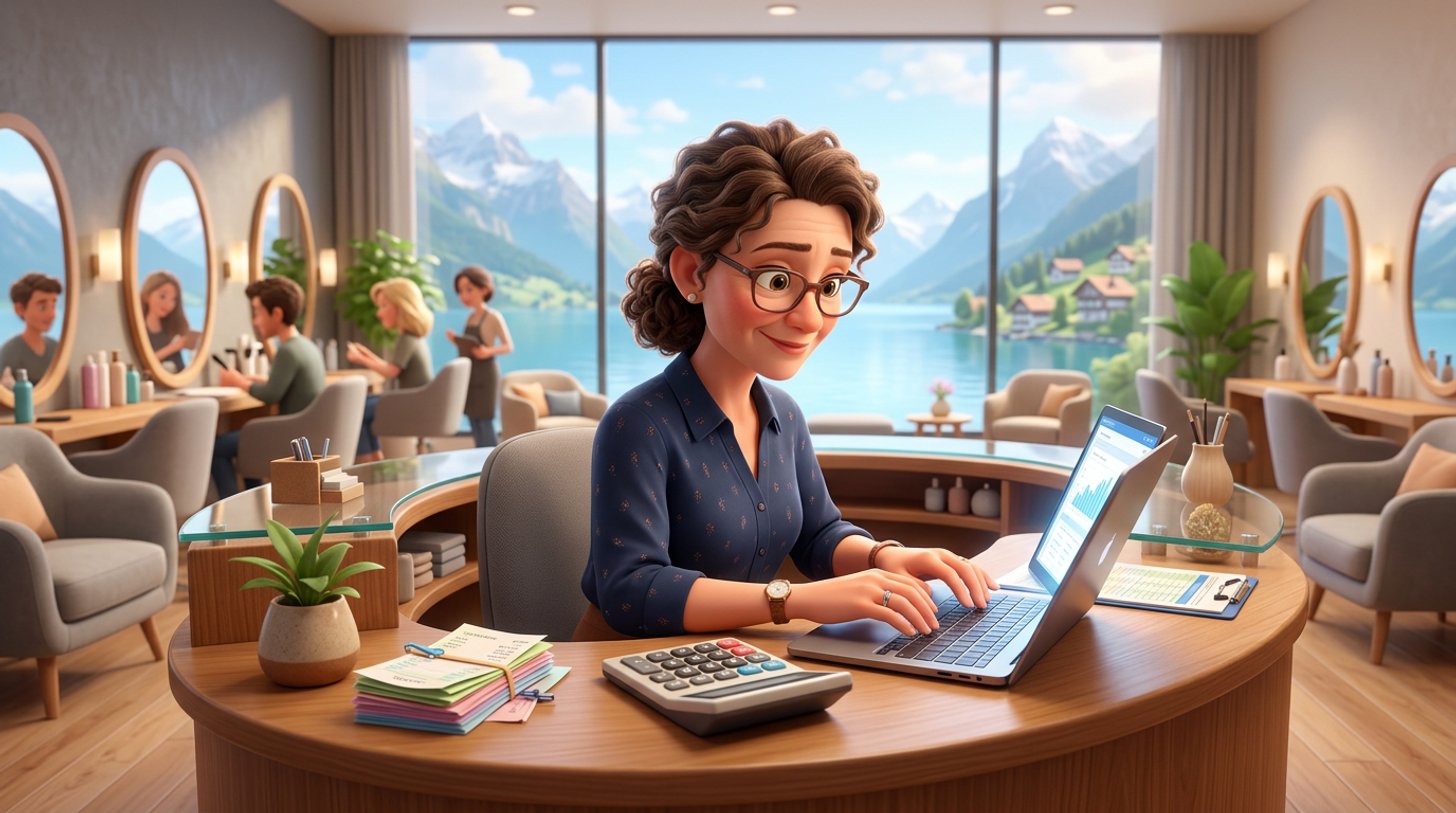 Illustration d'une gérante de salon de coiffure vérifiant sa comptabilité sur un ordinateur portable au comptoir, calculatrice et reçus posés à côté, vue sur un lac suisse par la fenêtre