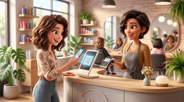 Illustration d'une cliente réglant sa coupe au comptoir d'un salon de coiffure en scannant un code QR avec son smartphone, la coiffeuse lui présente un terminal de paiement