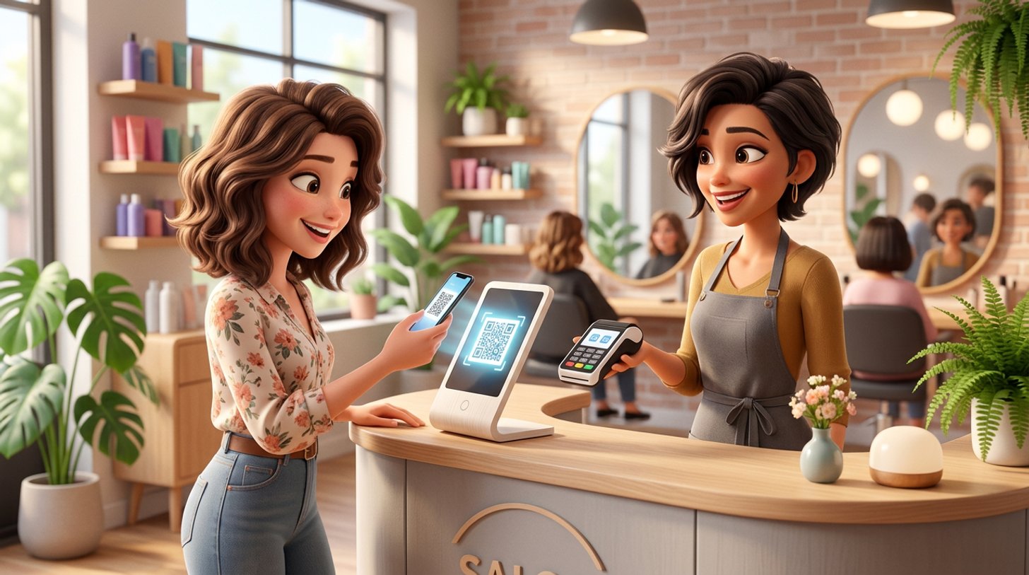 Illustration d'une cliente réglant sa coupe au comptoir d'un salon de coiffure en scannant un code QR avec son smartphone, la coiffeuse lui présente un terminal de paiement
