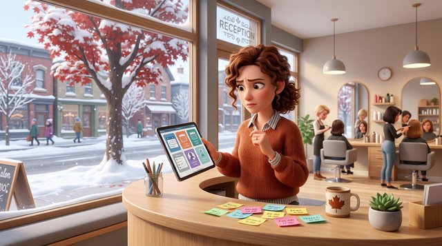 A hair salon owner compares booking apps on a tablet at her reception desk, sticky notes with prices beside her and a snowy Canadian street with a red maple visible through the window