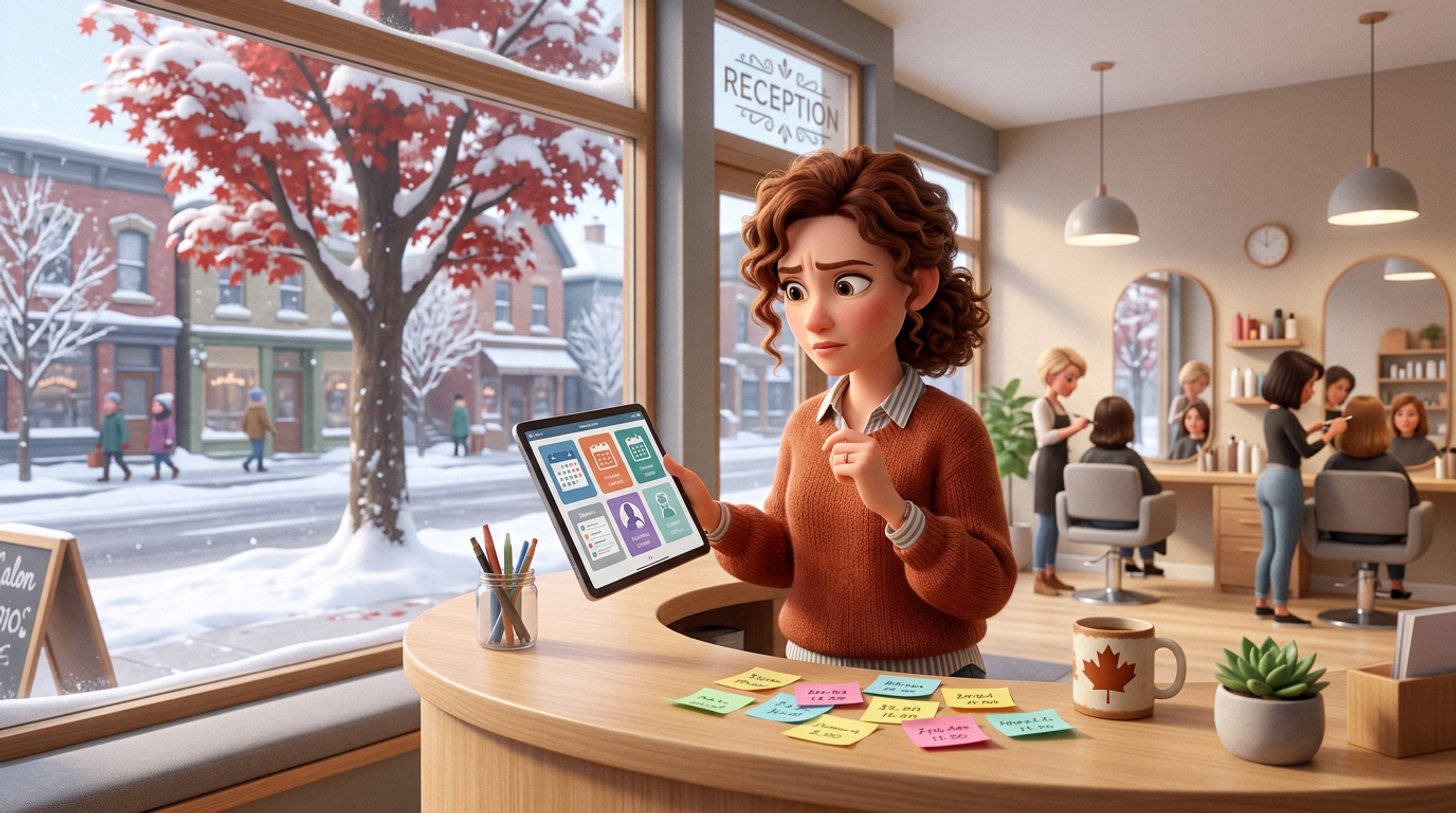 A hair salon owner compares booking apps on a tablet at her reception desk, sticky notes with prices beside her and a snowy Canadian street with a red maple visible through the window