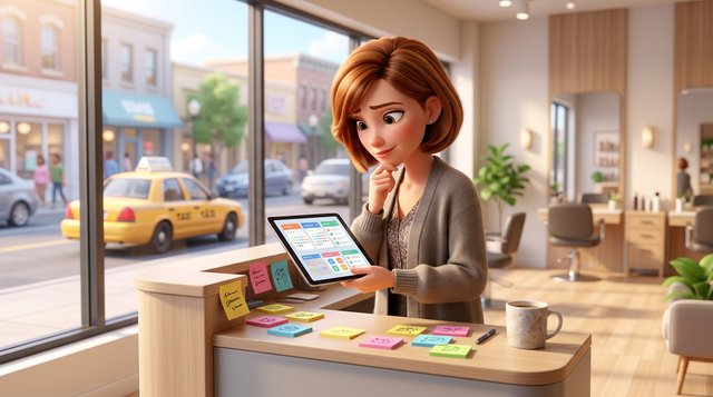 A hair salon owner at her reception desk compares booking apps on a tablet, a sunny American main street with a yellow taxi visible through the window