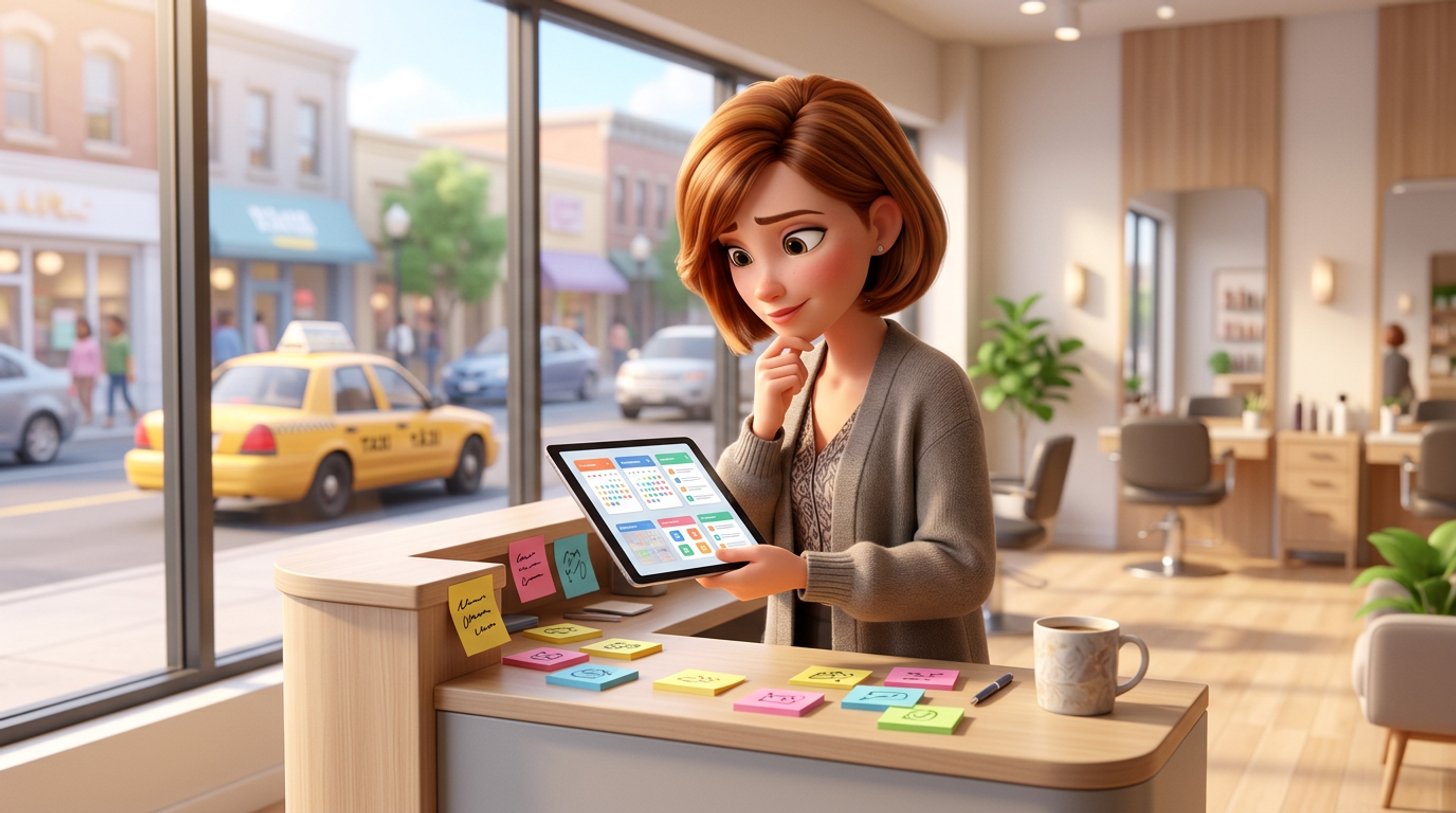 A hair salon owner at her reception desk compares booking apps on a tablet, a sunny American main street with a yellow taxi visible through the window
