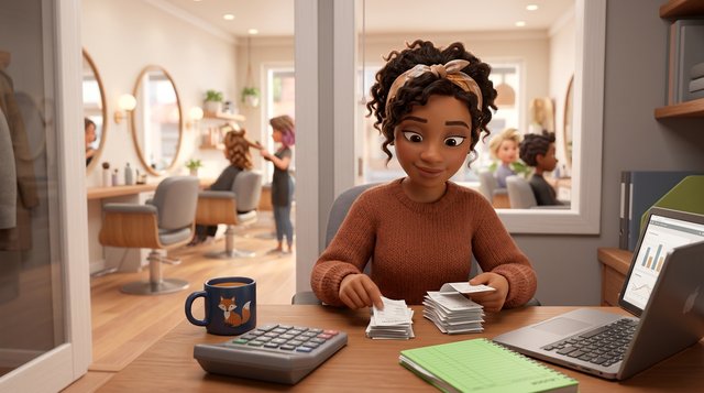 Illustration of a hair salon owner at a small back-office desk sorting receipts into neat piles beside a mug of tea, calculator and laptop at hand, styling chairs visible through the open door