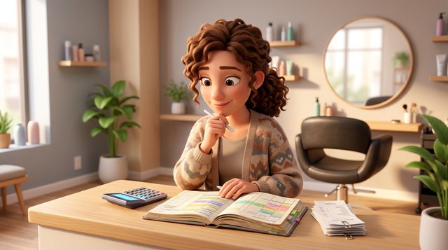 Illustration of a hair salon owner at her reception desk working through a calculator, a stack of receipts and an open appointment ledger