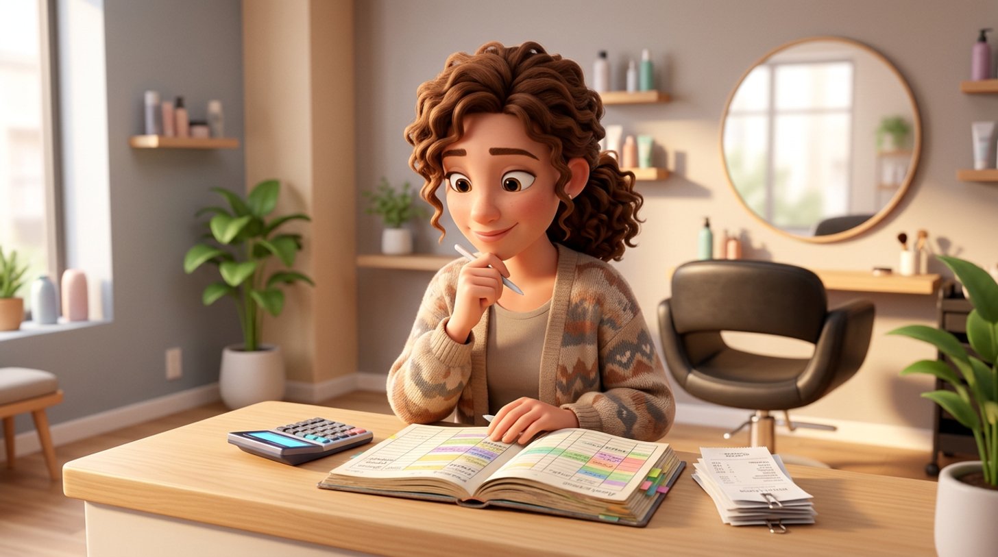 Illustration of a hair salon owner at her reception desk working through a calculator, a stack of receipts and an open appointment ledger