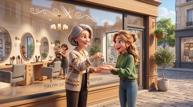 Illustration d'une propriétaire de salon de coiffure remettant les clés de son salon à une jeune repreneuse souriante devant la vitrine