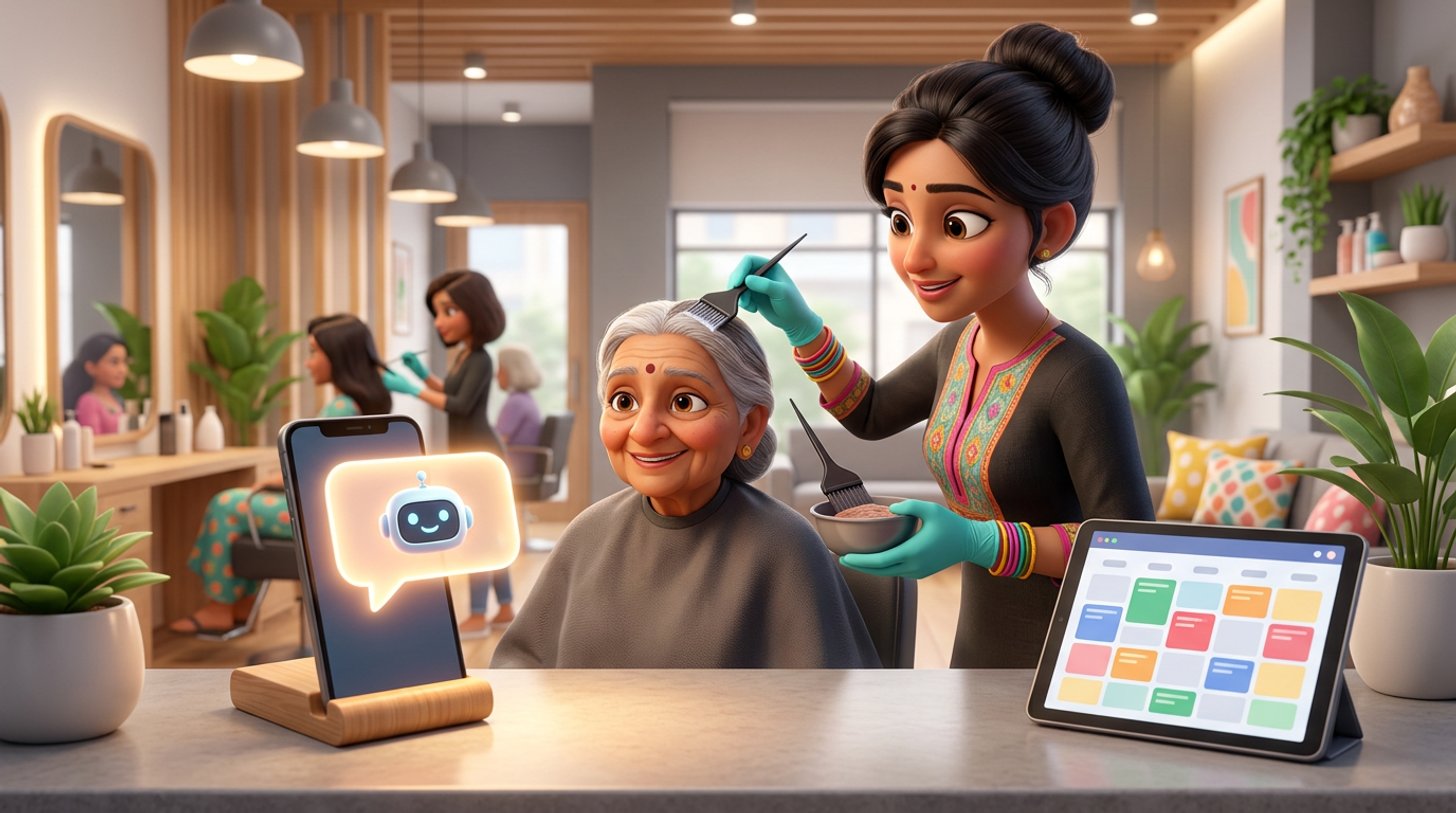 An Indian hairdresser mid colour application watches a smartphone on the salon reception counter where a chat bubble with a robot face answers a client while a tablet shows the appointment calendar filling