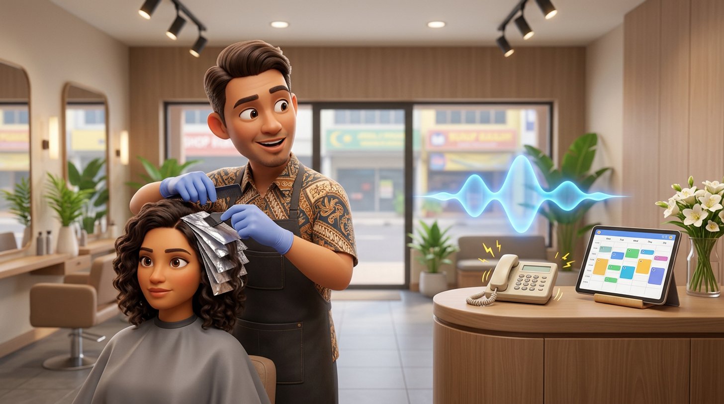 A hairdresser applying foils in a bright Malaysian shoplot salon watches a glowing voice wave above the reception phone take a call while a tablet shows the appointment calendar filling