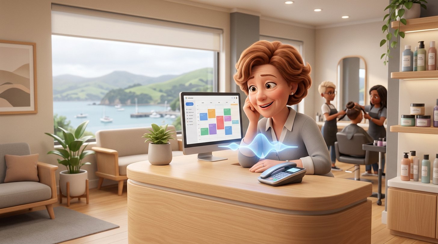 A hair salon owner leans on her reception desk in a bright New Zealand salon, watching a glowing voice wave above the desk phone answer a call while a booking calendar fills on the screen beside it