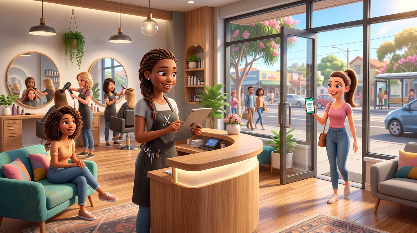 A hairdresser at the front desk of a bright Australian salon adds a waiting walk-in client to the tablet diary while a booked client arrives at the door