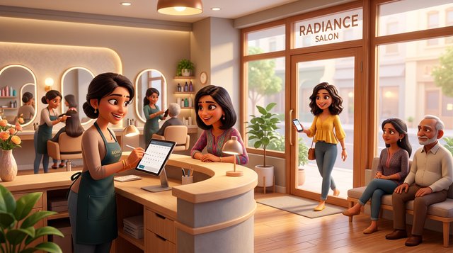 At the reception counter of a bright Indian hair salon, a hairdresser enters a waiting walk-in client into the tablet calendar while a booked client arrives at the glass door
