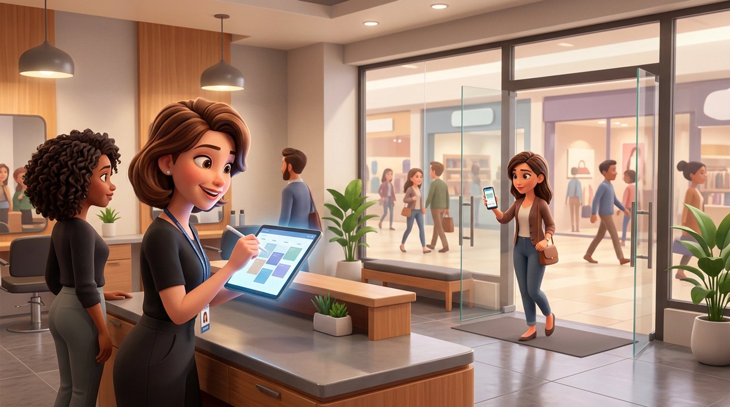 A hairdresser at the reception desk of a mall hair salon adds a waiting walk-in client to the tablet diary while a booked client arrives at the glass shopfront