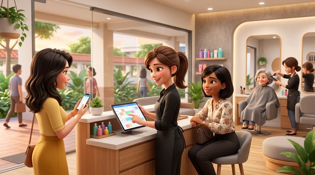 A hairdresser at the counter of an HDB shopfront hair salon enters a waiting walk-in client into the tablet diary while a booked client arrives at the open glass front