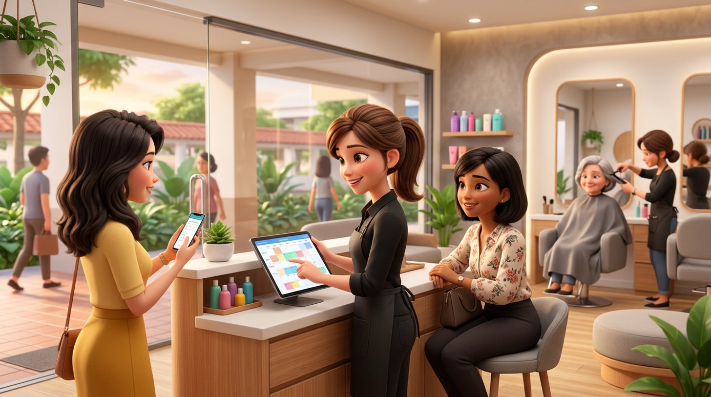 A hairdresser at the counter of an HDB shopfront hair salon enters a waiting walk-in client into the tablet diary while a booked client arrives at the open glass front